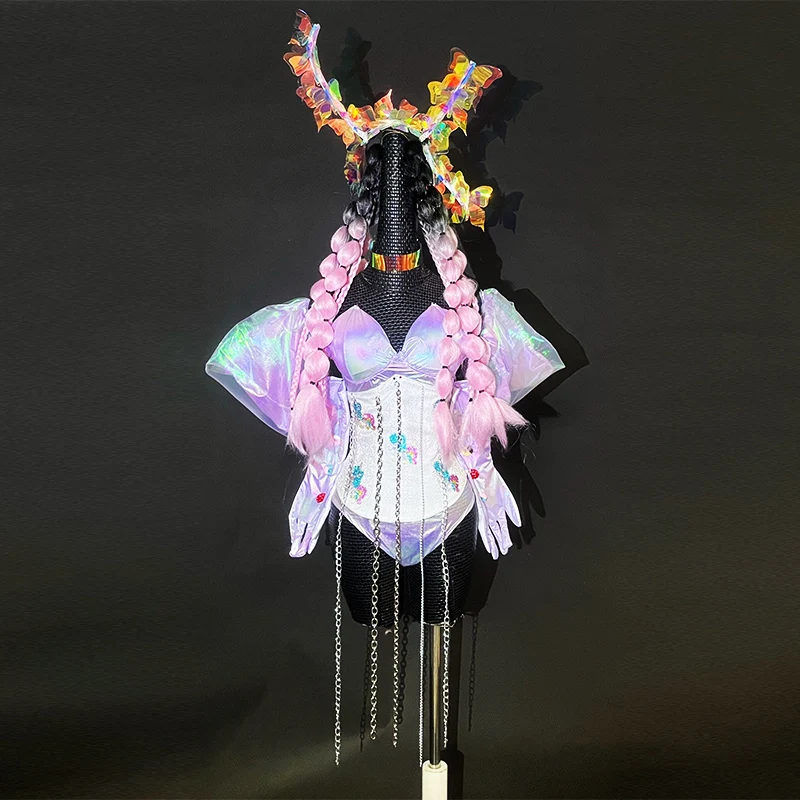 2025 sexy roxo laser bodysuit boate gogo dançarino palco traje borboleta cocar adulto feminino kpop outfit jazz dancewear
