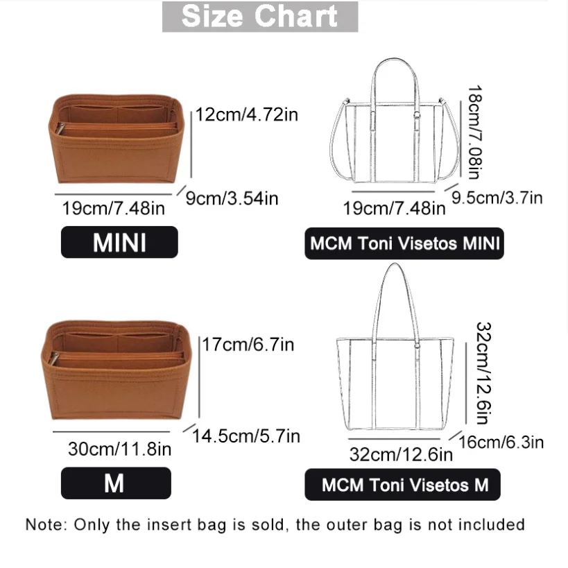 

Only Sale Inner Fits For M C M Toni Visetos tote Bag Makeup Women's Bags Insert Felt Organizer Travel Cosmetic Liner Bag