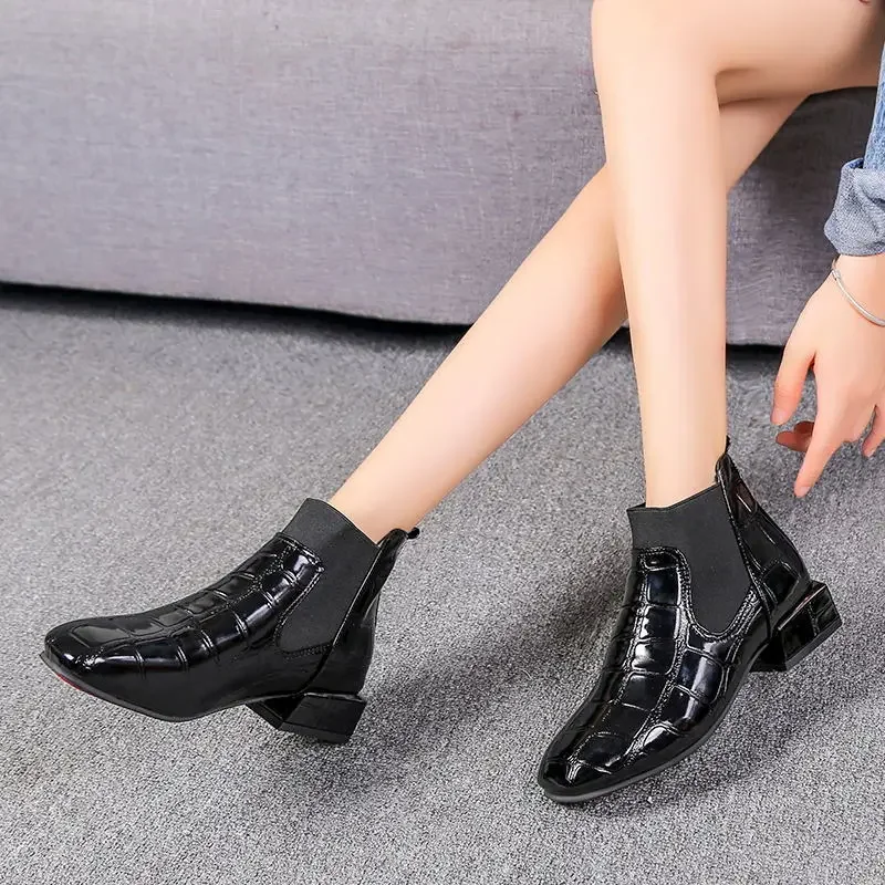 Chic Women Boots Shiny Pu Leather Autumn Winter Shoes Spuare Toe Block Heels Ankle Boots Female Botas Zapatos Mujer