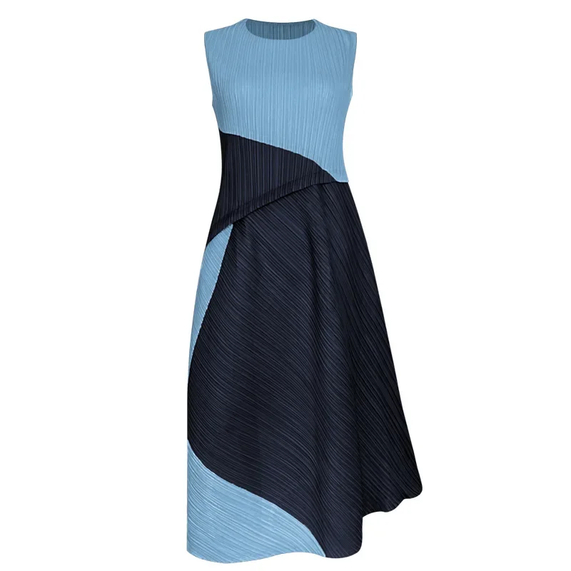 ALSEY Miyake-vestido plisado sin mangas con cuello redondo, novedad de verano, Color de colisión, cintura alta, empalme, vestido largo suelto Irregular para mujer