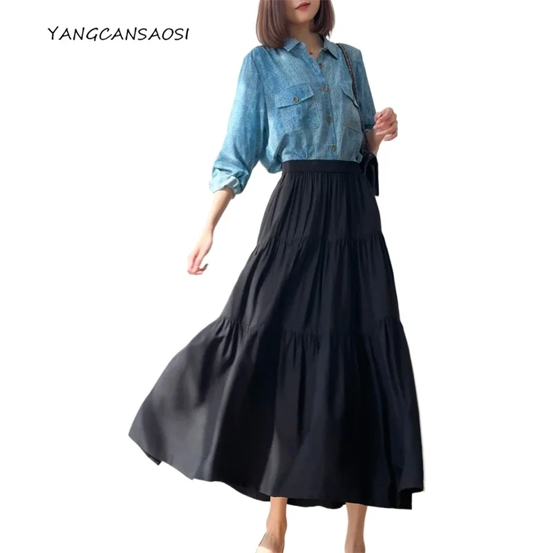 

2025 женская модная одежда, большие качели, 70% натуральный шелк шелковицы, 30% хлопок, однотонная многоярусная пляжная юбка трапециевидной формы