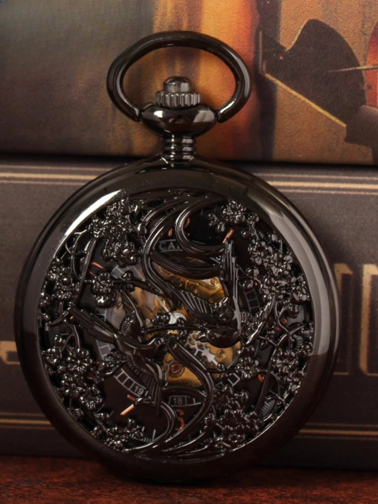 นาฬิกาพกกลอัตโนมัติเต็มรูปแบบย้อนยุคพลิกโลหะกลวงสร้อยคอนักเรียนจี้นาฬิกา