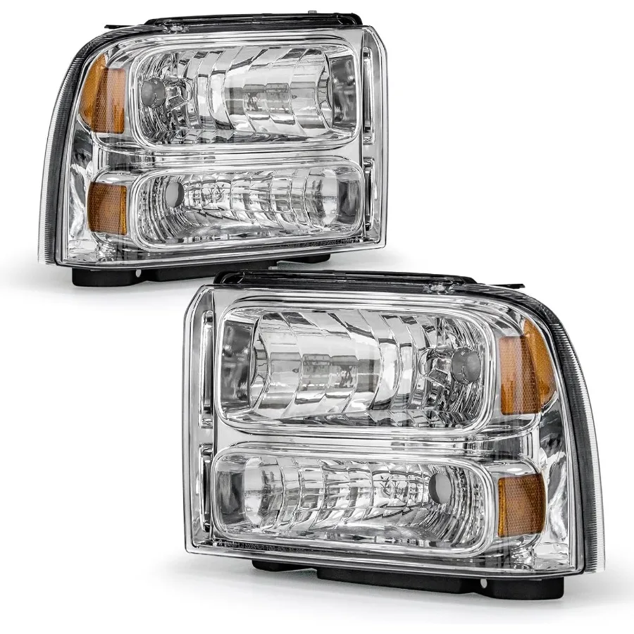 

Headlight Assembly Compatible with 2005 2006 2007 F250 F350 F450 F550 Super Duty and 2005 Excursion Chrome Housing with Amber