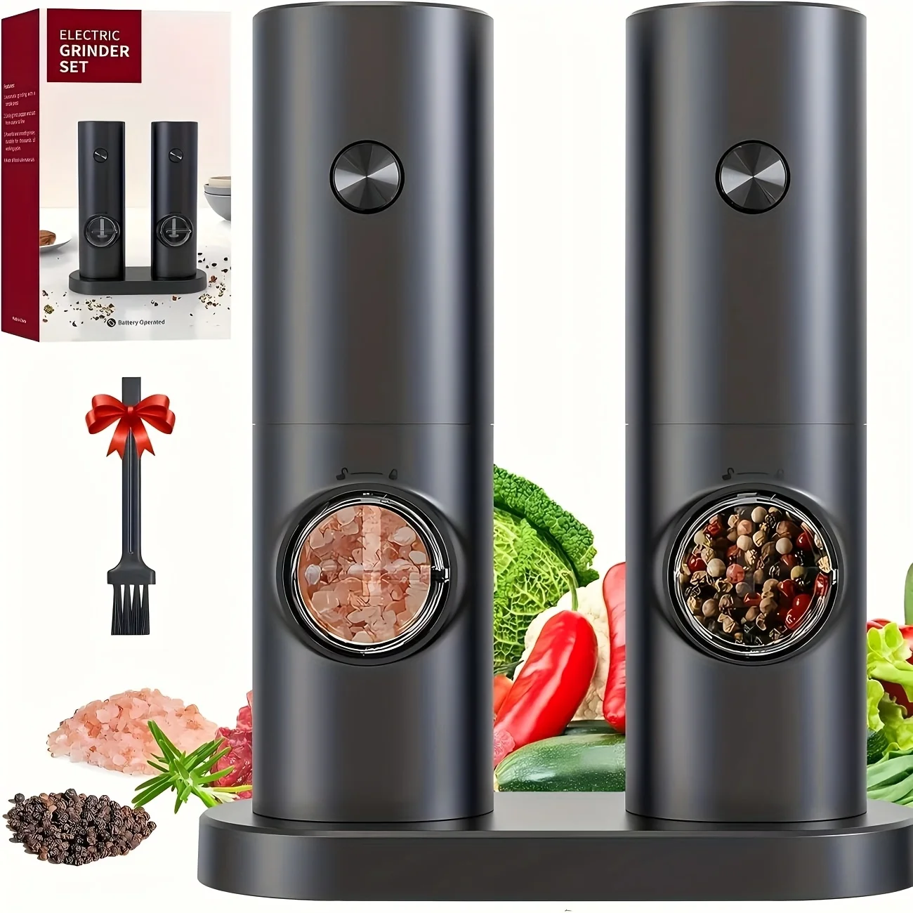 Electric Salt and Pepper Grinder Set, Automatic Pepper mill with battery operated, Adjustable Coarseness, One-handed operation,