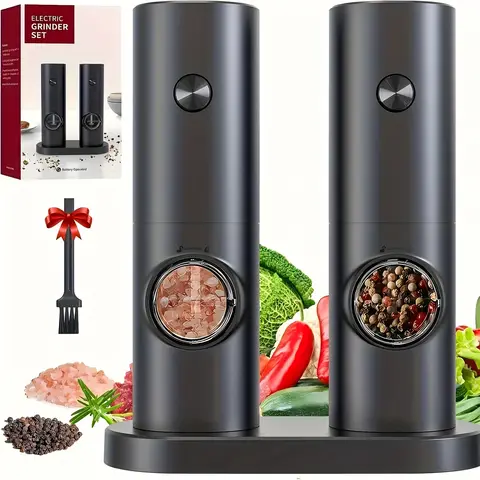 Black Electric Salt Pepper Grinder, Dual-Compartment Design with Base, Battery Powered, Practical White LED Light, Coarse and Fi