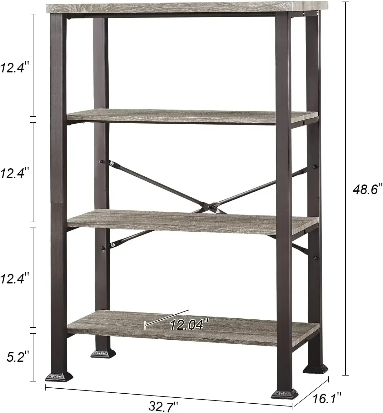 4-Tier Bookshelf, Rustic Grey Bookshelf with Metal Frame and Open Shelves, Office Bookshelf for Small Spaces, Industrial