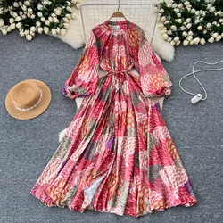 European American Printed Maxi Dress For Women Autumn Fashion O-neck Single Breasted Lantern Sleeves Pleated Large Swing Skirt