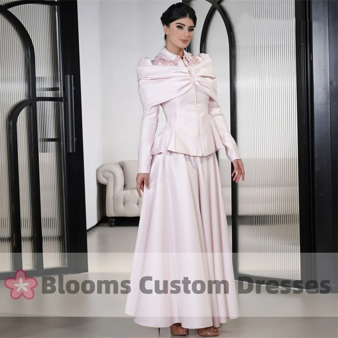 Blooms 2 Piece Prom Gown Satin Beaded Lapel Long Sleeves A-line Vintage Prom Dresses Elegant Party Dresses