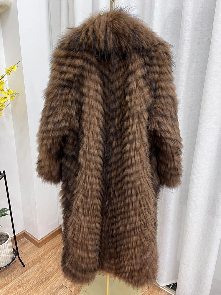 Winter New Women\'s Natural Raccoon Fur Jacket Fox Fur Coat Fur Strip Sewed Toghter Long Style Warm Thick Jacket Warm Thick