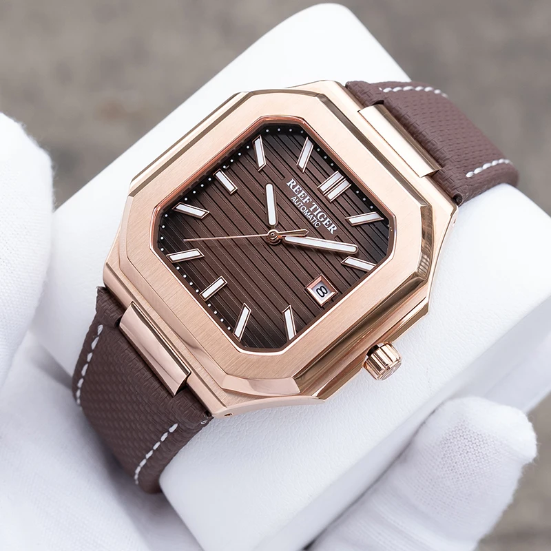 Męski zegarek automatyczny Reef Tiger, 44 mm, kwadratowy, mechaniczny, wodoszczelny do 5 ATM, luminescencyjny, szafirowe szkło, datownik.