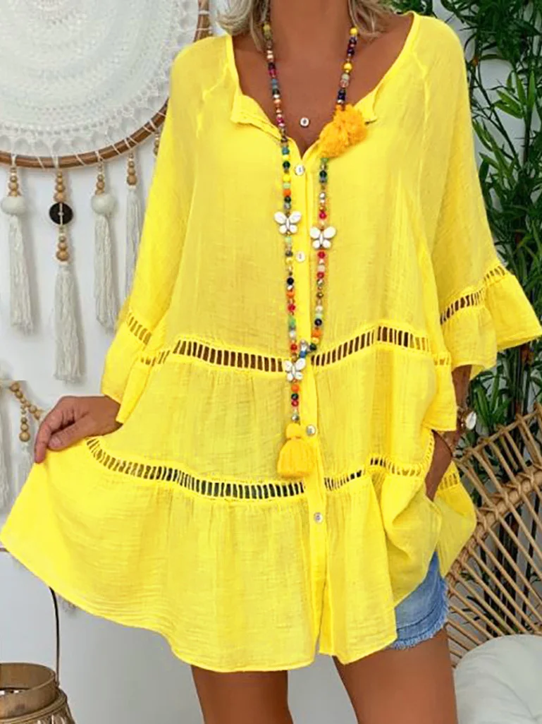 Lâche évider t-shirt quart Sve Dr femme décontracté Faion Polyester fibre une ligne jupe ort longueur U Ne Dr