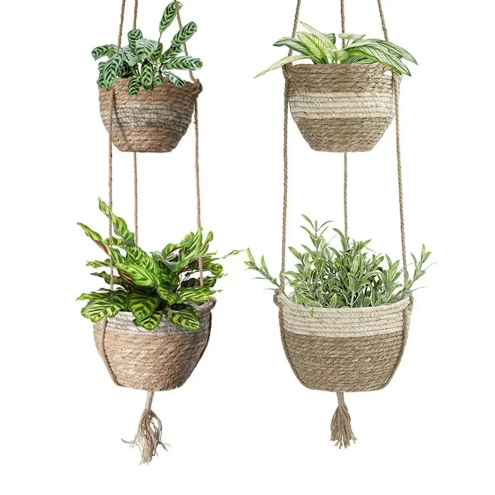 Double Layer Hanging Basket With Sea Grass Grey Beige For Indoor Plants Storage Organizer Wall Decoration