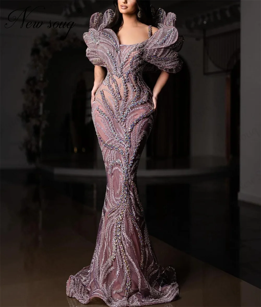 Träger lose Kristalle Promi-Kleider Dubai Coutures Perlen Abendkleid Roben du Soir Off Shoulder Hochzeits feier Kleid