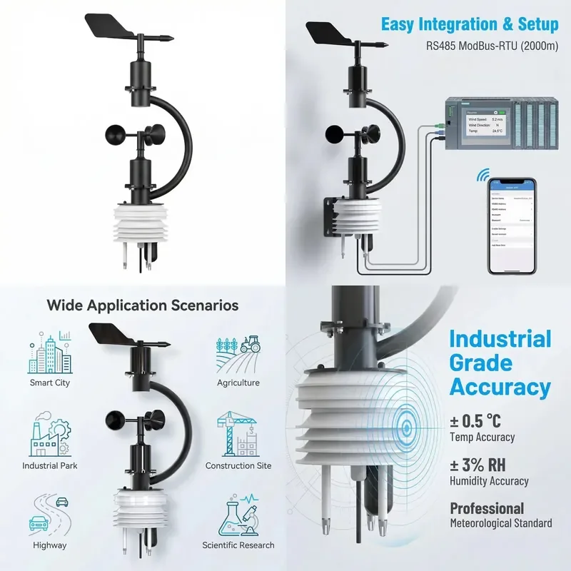 Wind Speed and Direction Sensor Mechanical Anemometer Wind Vane with Temperature Humidity Radiation Shield Multi-parameter