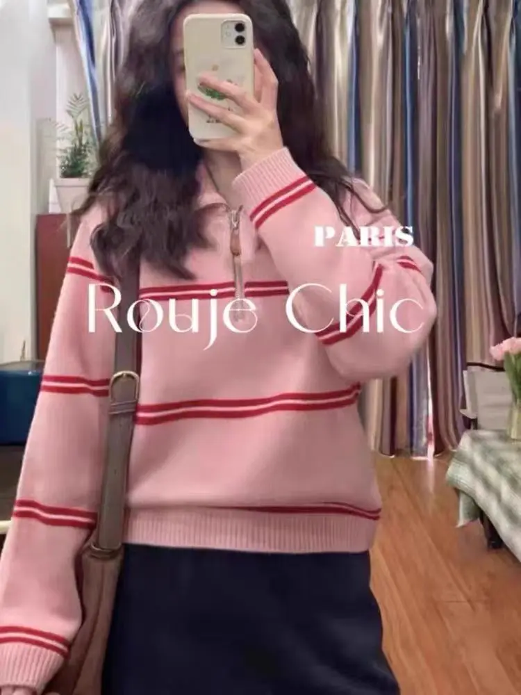 

Женский свитер в полоску из 100% чистой шерсти с полумолнией, водолазка, утепленный пуловер, повседневный вязаный топ, осень-зима, новая свободная мягкая одежда