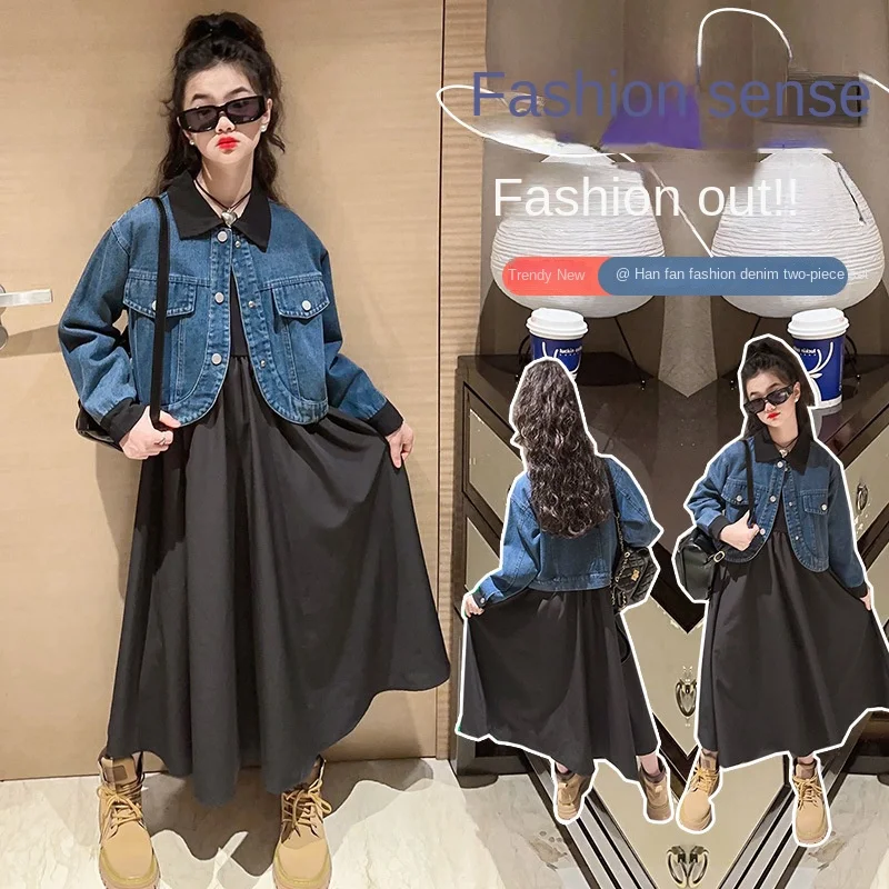 

Autumn teen Girls dress set 2023 Fashion short denim jacket+long dress 2pcs 4-15 Childrens Clothing suit ensemble fille outfits