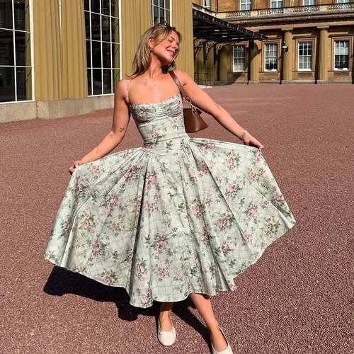 YENKYE-Vestido Sexy con tirantes finos y estampado Floral verde para mujer, Vestido Midi de cintura baja con corte en A, vestidos de verano para vacaciones, Vestido de fiesta 2025