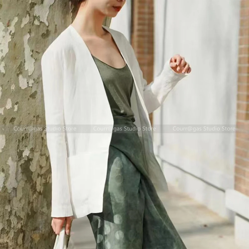 

Spanish niche ~ early autumn light breathable V-neck buttonless linen suit cardigan jacket