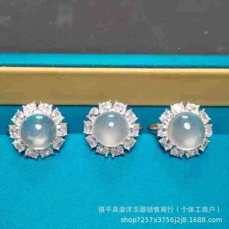 New Chinese-style natural water-foam jade women's ring, S925 sterling silver inlay, light luxury egg-shaped face, new design rin