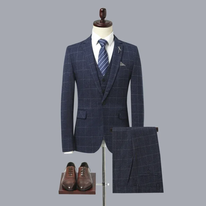 

Boutique (Blazer+ Vest + Pants) Men's Fashion Business Formal British Style Gentleman Plaid Casual Wedding 3-piece Set M-7XL