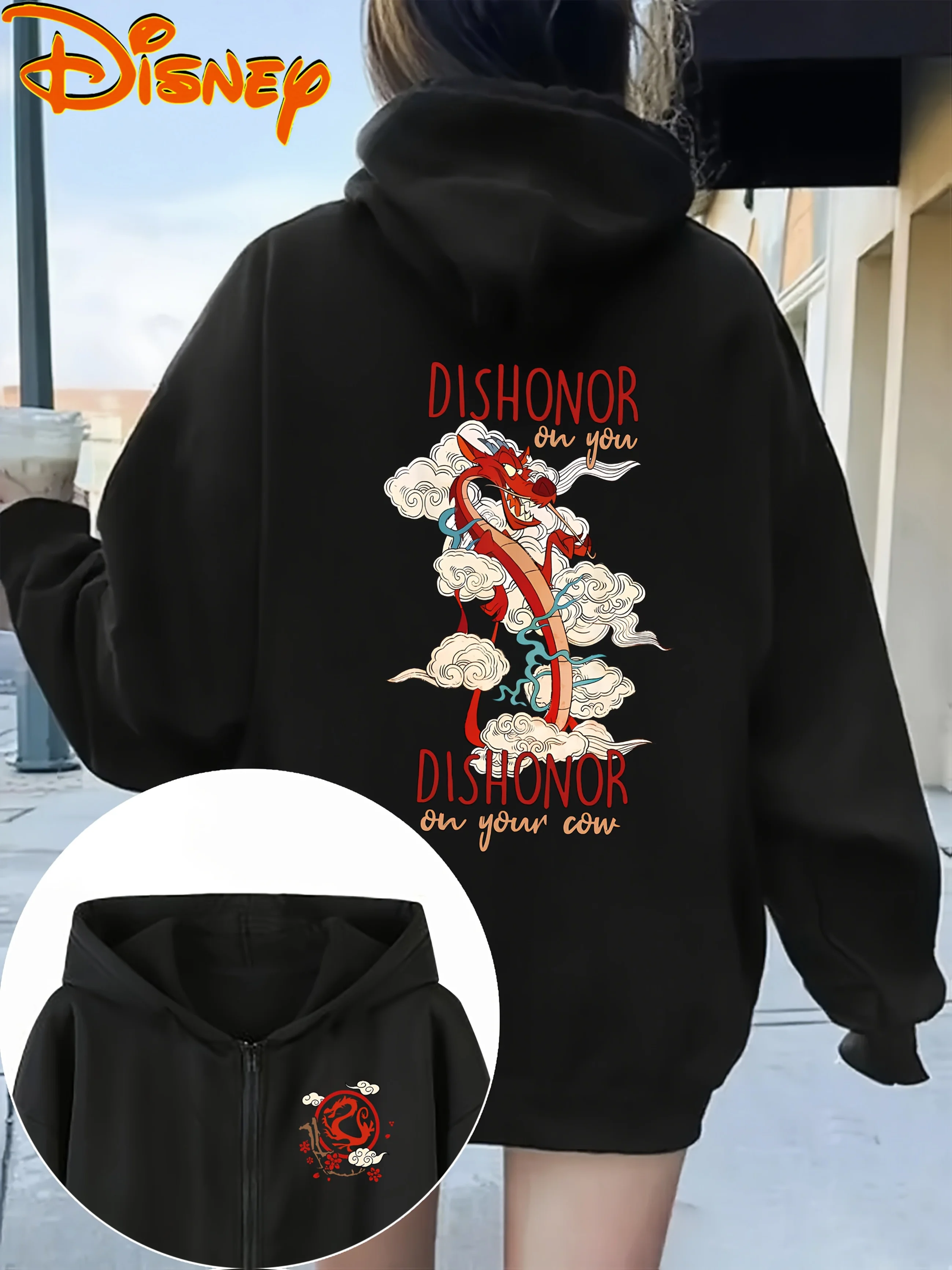 سلسلة ديزني مولان موضوع الصينية لونغ عنصر الطباعة المرأة هوديي جيب الخريف الشتاء هوديي سستة سترة #1