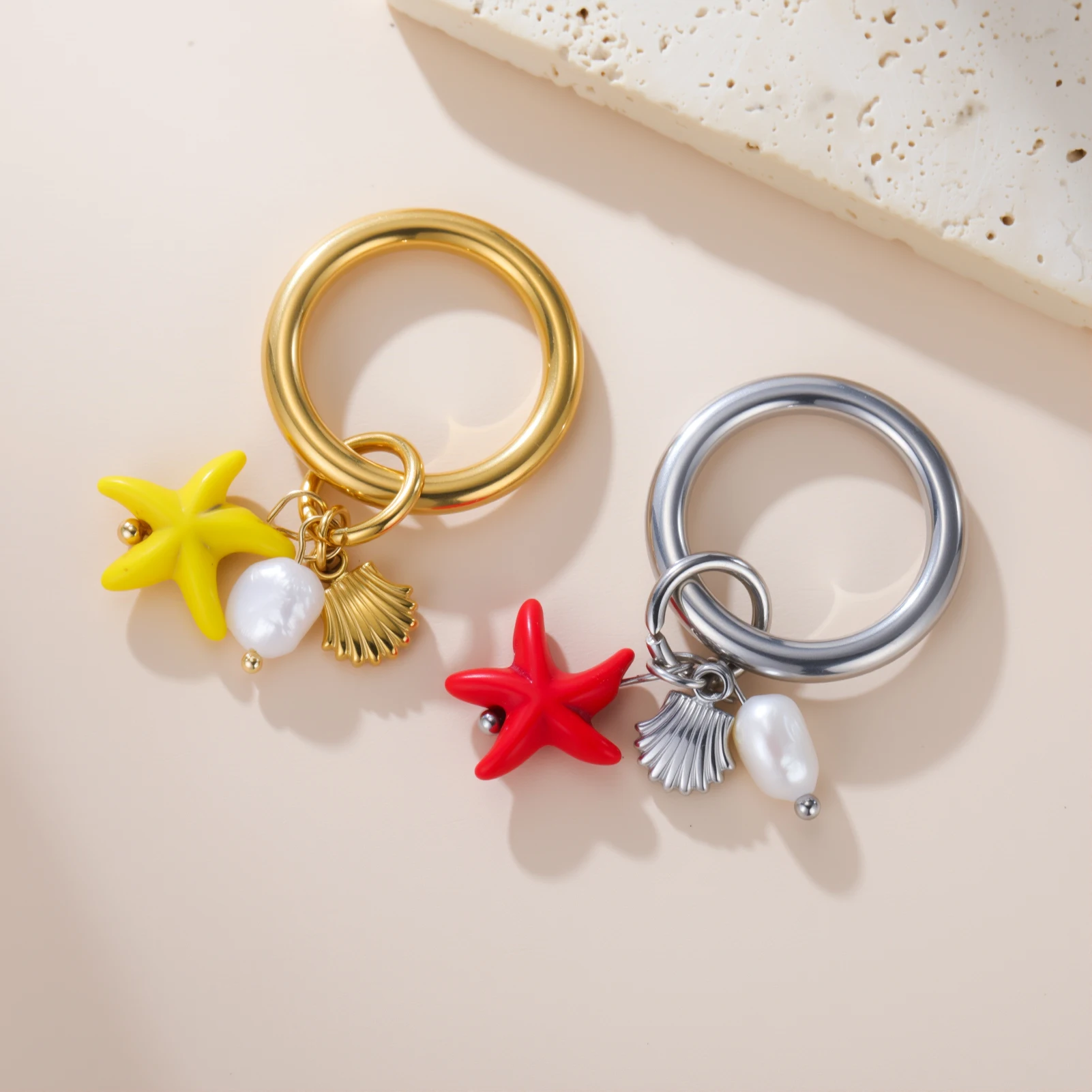 

COOLTIME Trend Cute Cartoon Starfish Shell Pendant Women Ring Stainless Steel Finger Ring Fashion Jewelry Gift Wholesale