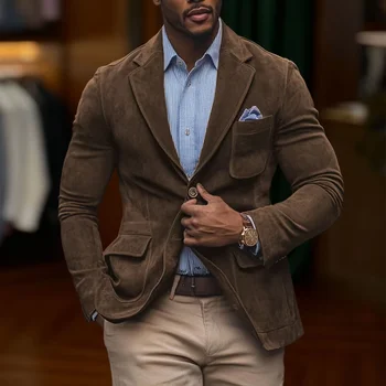 Men's Suede Brown Blazer Vintage Slim Fit Notched Lapel Formal Jacket High Quality Flap Pocket Sport Coat For Business Casual 18