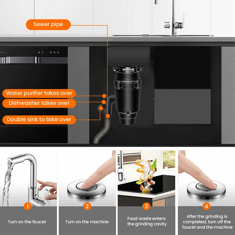 Trituradora de residuos de alimentos de cocina, trituradora eléctrica de 370W, 3 etapas, trituradora de alimentos, interruptor de aire, conectar el