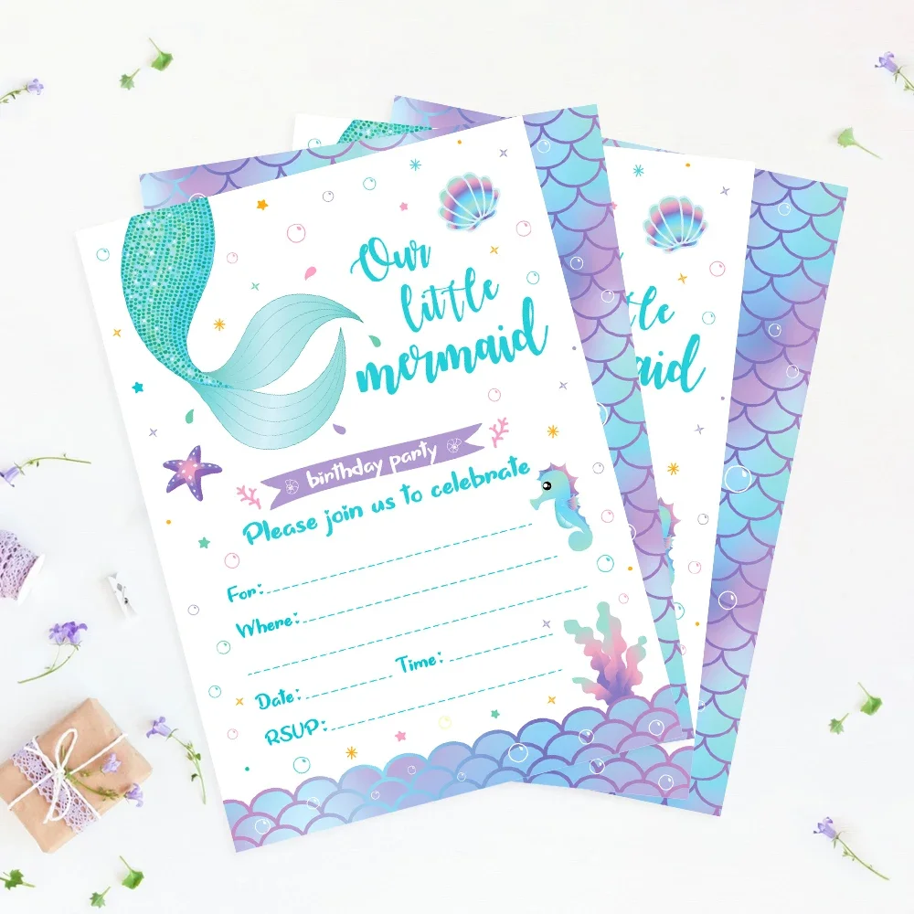 12pcCartoon Meerjungfrau Shell Einladung Brief Mädchen Hochzeit Geburtstag Party Einseitige Grußkarten Baby Shower Party Dekoration