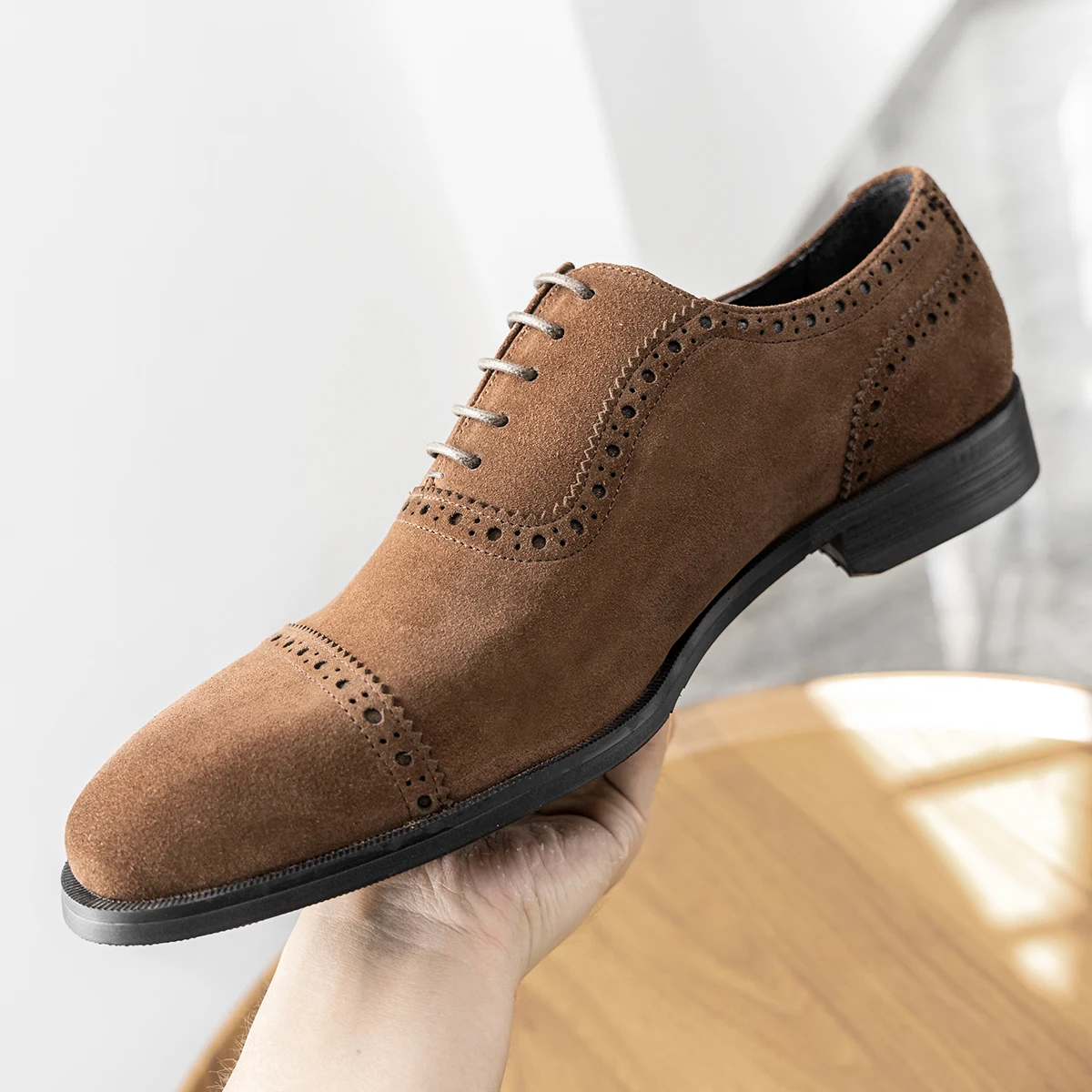 Hanmce Male Suede Oxford Wedding Dress Party Shoes Brown Black Slip-On Leather Casual Handmade Footwear For Men