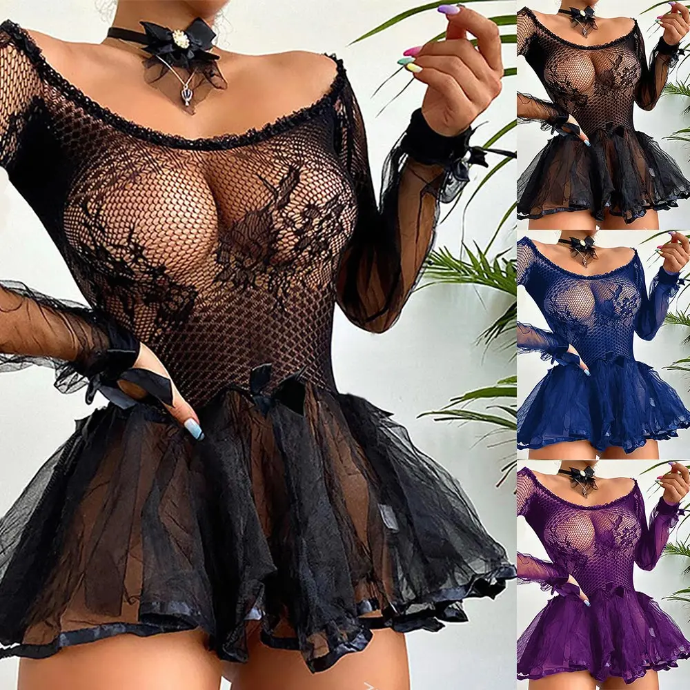 PYL Lace Babydoll Lingeries Nightdress Women Sexy See Through Mini Dresses Sleepwear Ladies Nightgowns Underwear Teddy Leotard