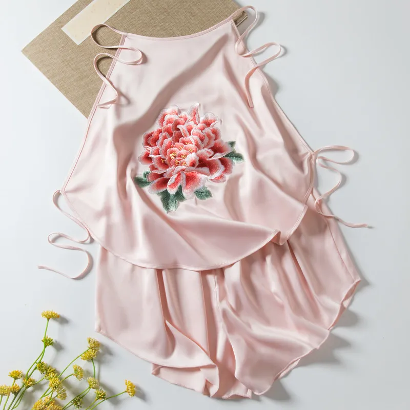 Sexy Ladies Peony Embroidery Halter Bellyband Shorts Set Female Ancient One-piece Hanging Neck Backless Pajamas Summer New Women