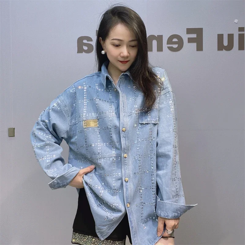 

Shiny Plaid Hot Drilling Women Cardigans Coat 2024 New Autumn Loose Mid-long Denim Shirts Casual Long Sleeve Blue Jeans Jacket