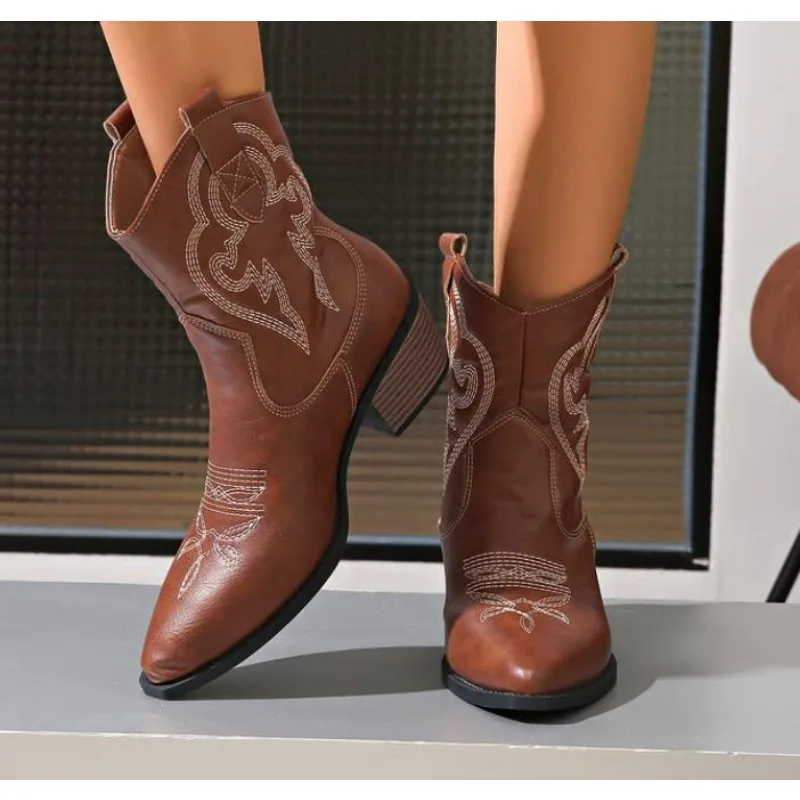 Bottes de cowboy brodées au genou pour femmes, talons compensés, marron, western boo, nouvelle tendance, hiver