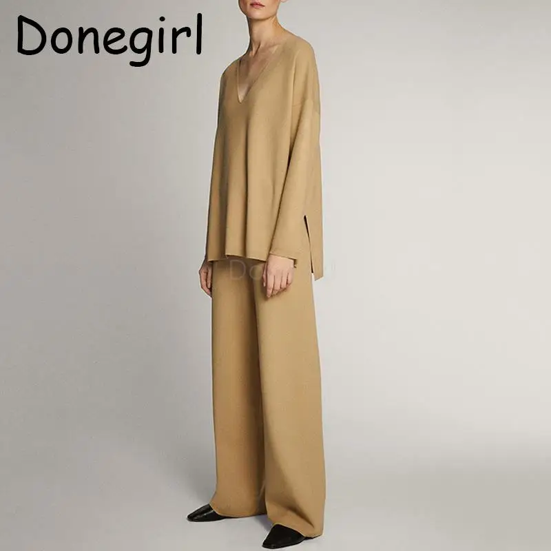 

Donegirl Autumn Winter New Women 2024 V-neck Cape Style Loose Knitted Suit Sweater Pullover Long Pant Simple Casual Set Female