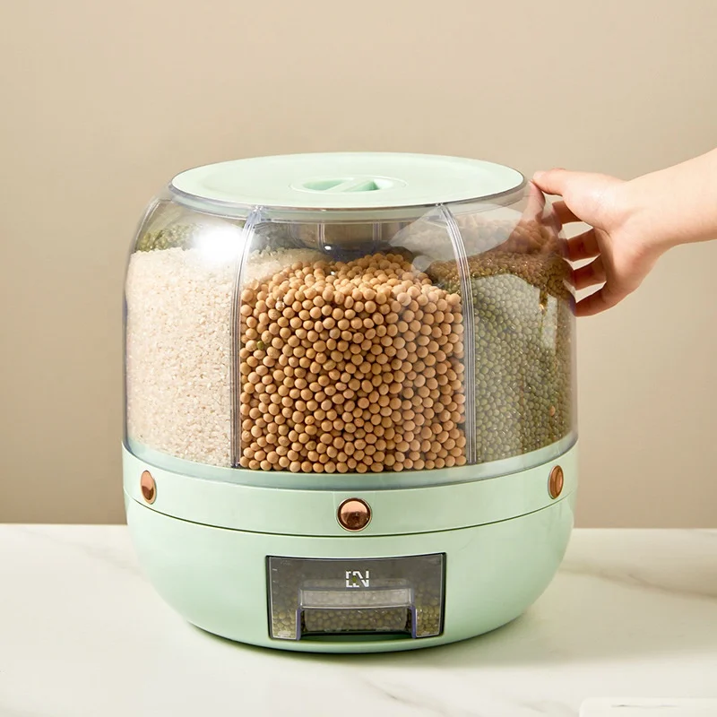 Rice Dispenser Kitchen Moisture-Proof 6-Grid Rotating Food Grain Dispenser Cereal Storage Box Rice Container Dispenser