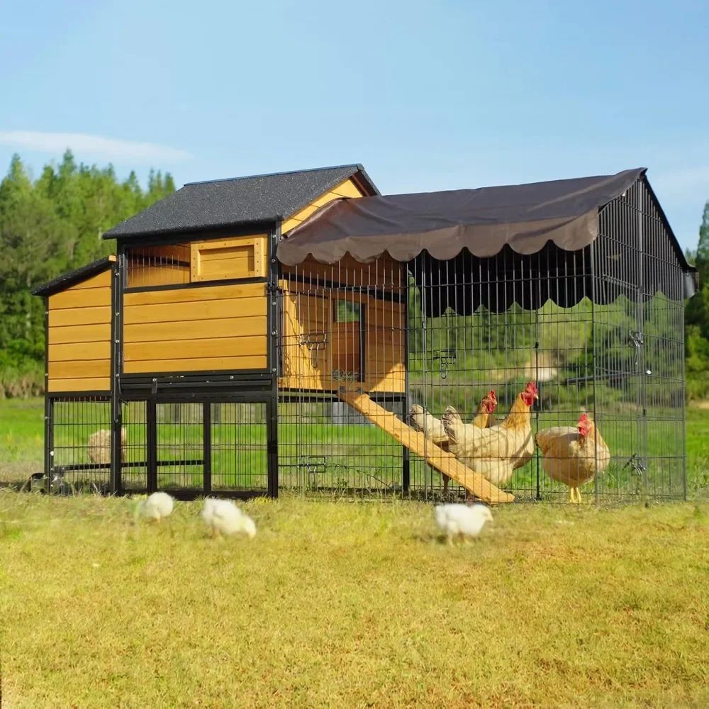 Mobile Chicken Coop,Large All-Steel Frame Hen House for 6-8 Chickens Poultry Cage with Nesting Box Metal Run,Waterproof Rain