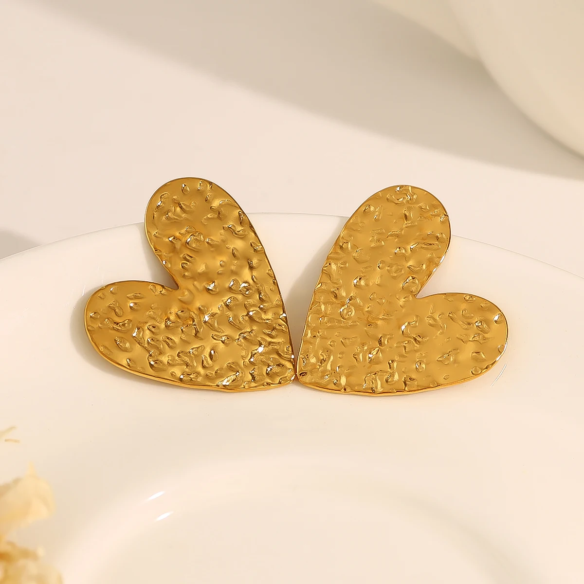 WILD & FREE 18K Gold Plated Stainless Steel Heart Stud Earrings for Women Irregular Hammered Texture Trendy Jewelry Waterproof