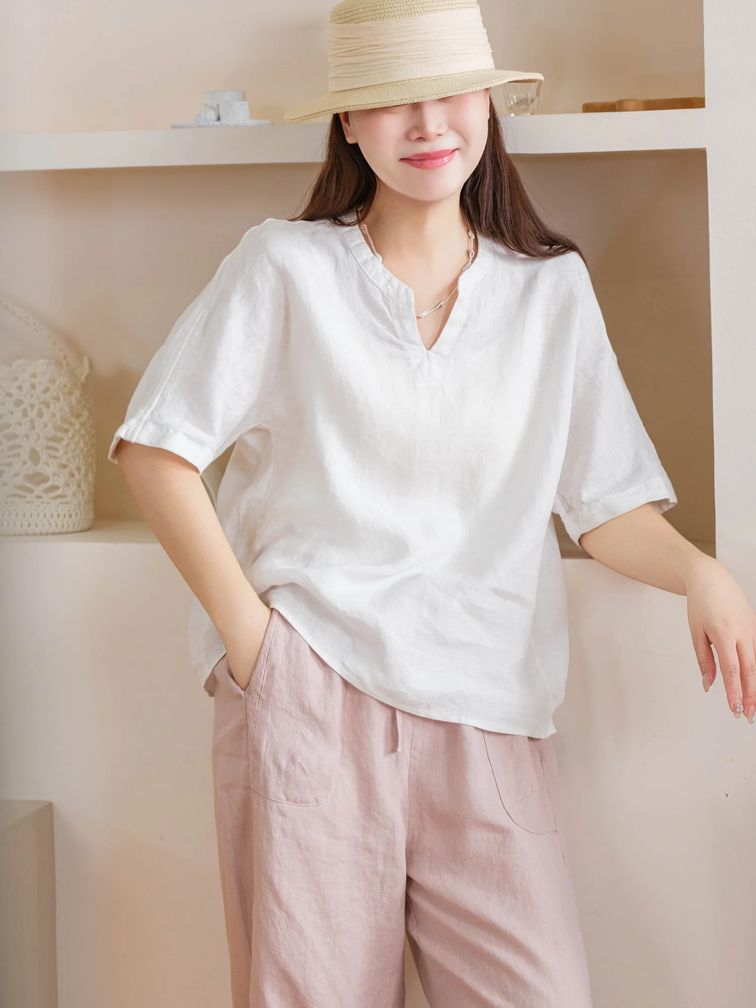 Anti-Aging Hanflax Basic Edition Slim Branch Small round Neck Top Women Casual Loose Fit Thin Model Summer T-Shirt