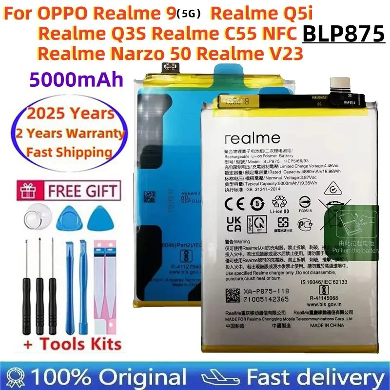 

100% Original 5000mAh High Quality Replacement Battery For OPPO Realme 9 5G Q5i Q3S C55 NFC Narzo 50 V23 Batteries