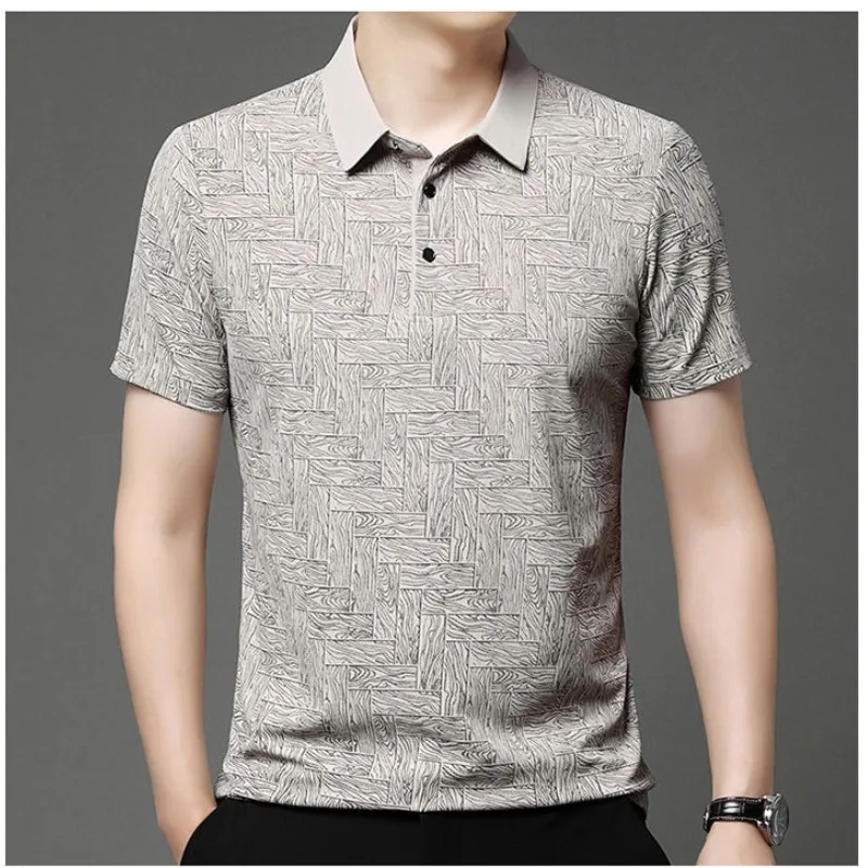 Smart Casual Summer Ice Silk Men's Turn-down Collar Solid Jacquard Weave Fashion Casual Loose Short Sleeve Polo Shirts Tops