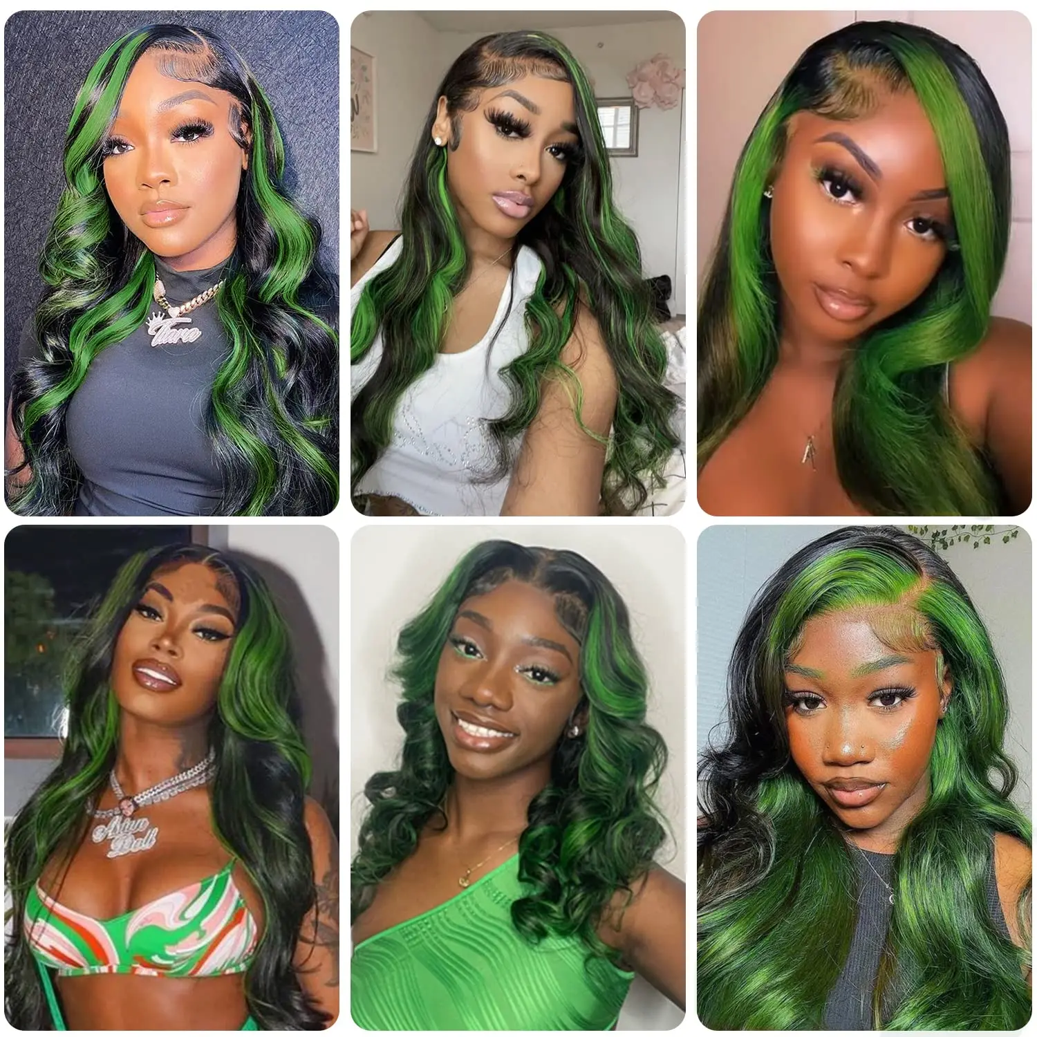 13X4 Synthetic Lace Front Wigs Highlight Black with Green Streak Colorful Long Wavy Glueless Synthetic Hair Heat Resistant