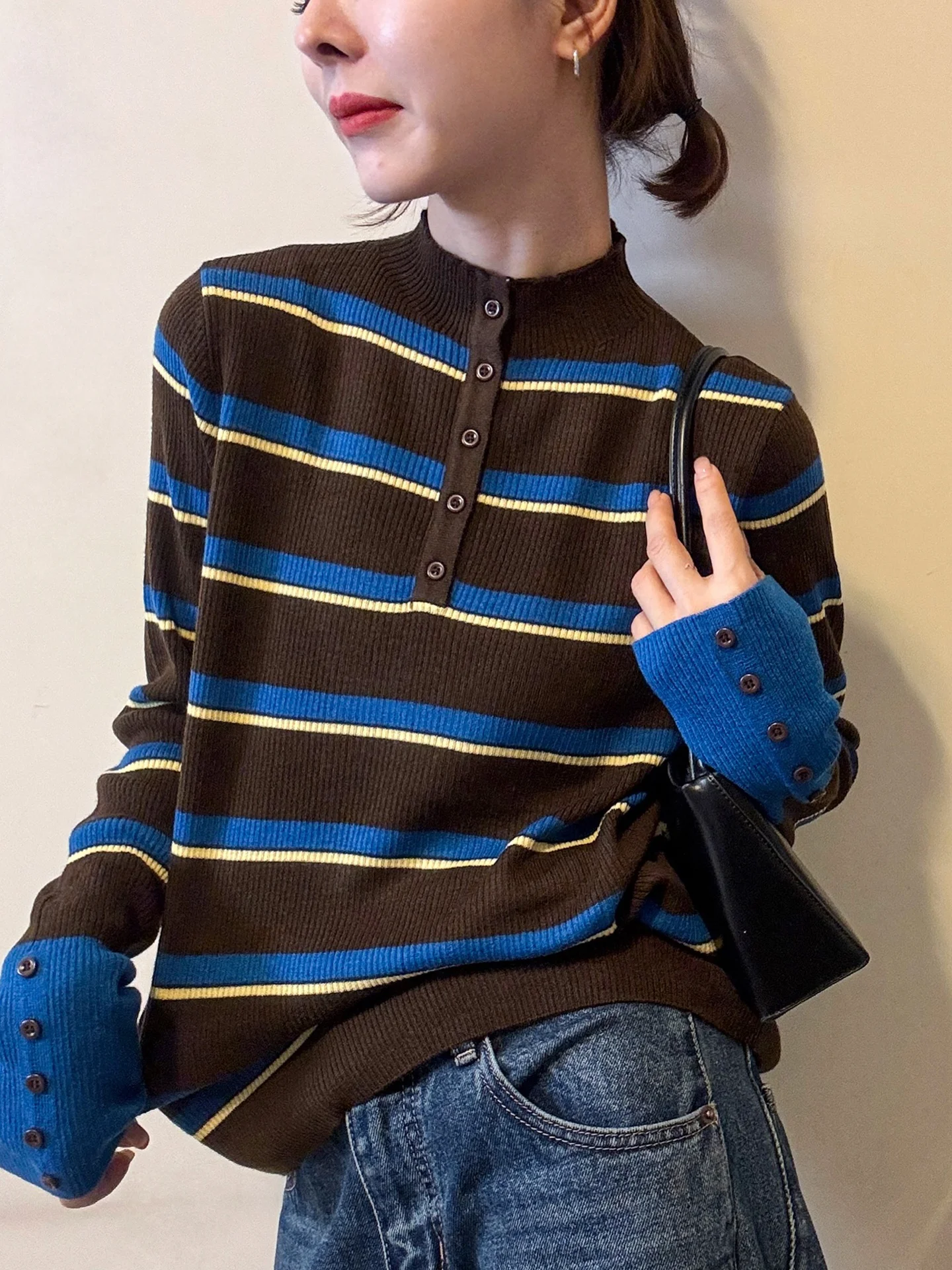 

Commuter Stripe Knitwear Long Sve Overhead Comfortable Winter Faionable Base irt Color Blo Vintage Versatile Top