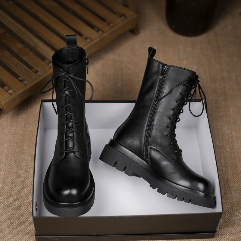 2023 New Big Size 34-42 Genuine Leather Snow Boots Winter Ankle Boots Fashion Lace Up Nature Wool Keep Warm Women Platform Boots