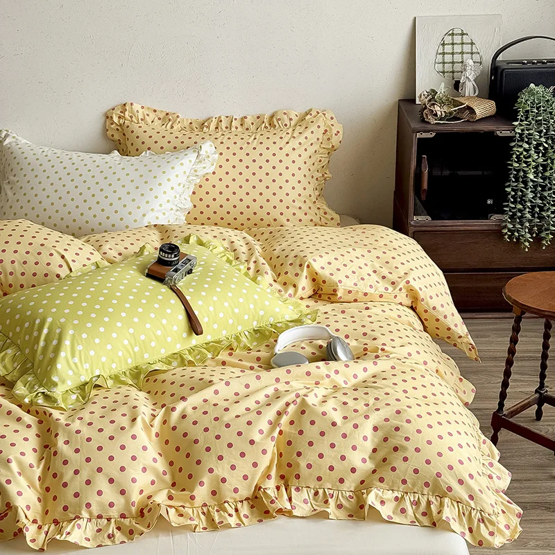 2026 Ins Style 100% Cotton Bedding Set, Class A Wave Point Lotus Leaf Edge Design for Bedroom, Back-to-School Dormitory for Kids