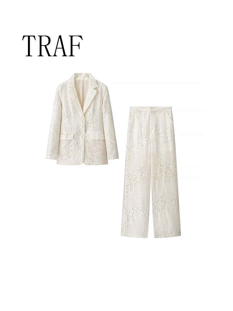 

TRAF European and American style autumn new women's casual long-sleeved sequined decorative suit jacket straight pants suit