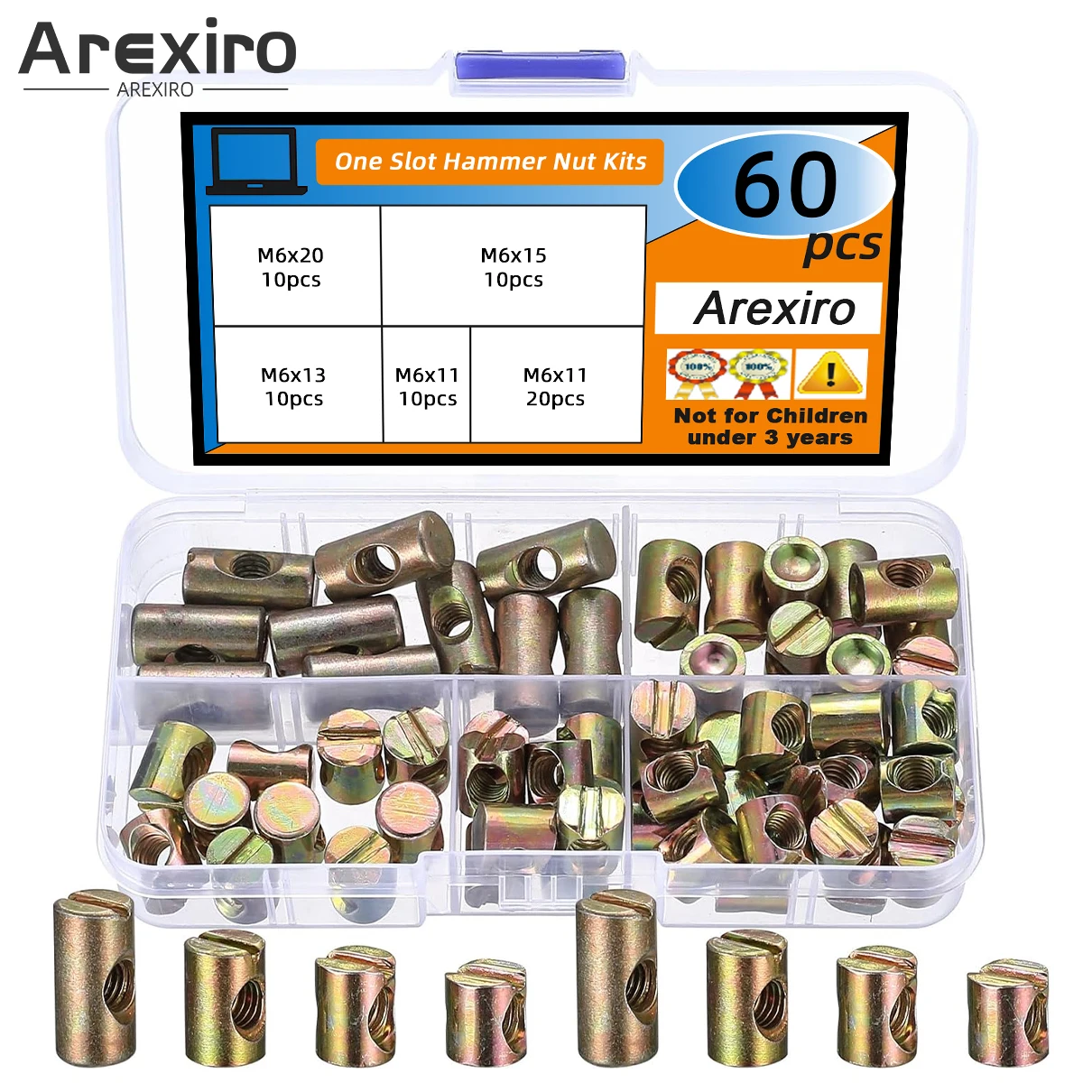 

60Pcs M6 Furniture Barrel Nuts Metal One Slot Hammer Nut Fasteners for Bed Cot Chairs Crib Symmetric Nut Fasteners 6x11/13/15/20