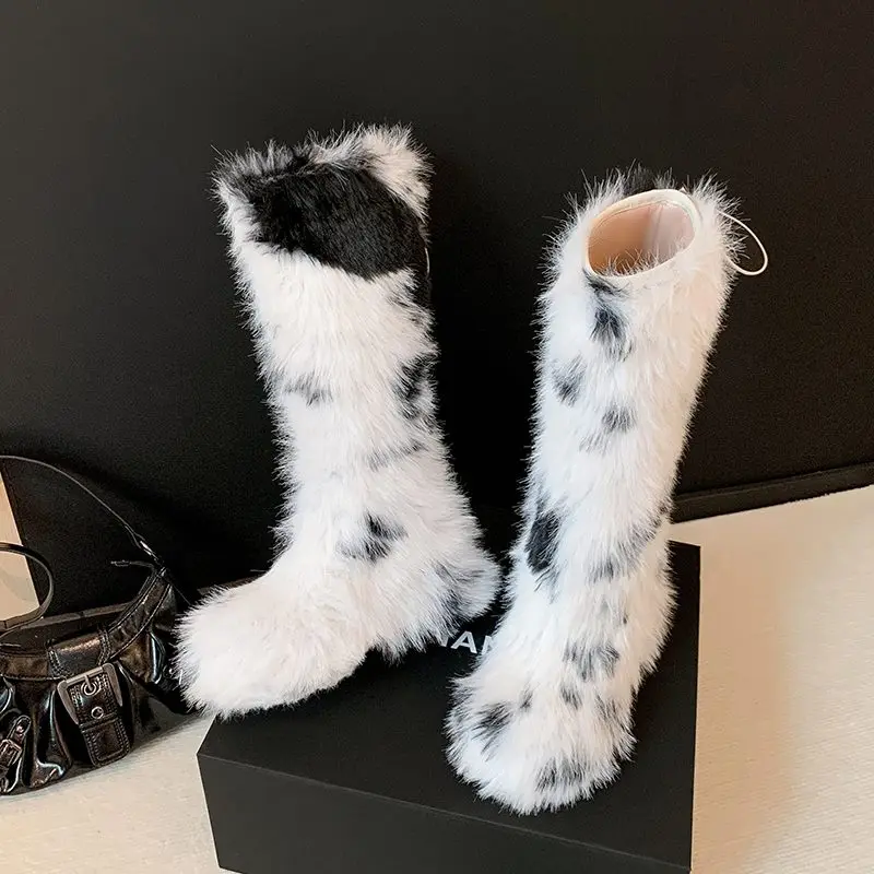 MORAZORA 2026 موضة جديدة أحذية النساء سحب على جلد البقر الفراء حذاء برقبة للركبة منصة أحذية الشتاء المنصة أحذية أنيقة #4