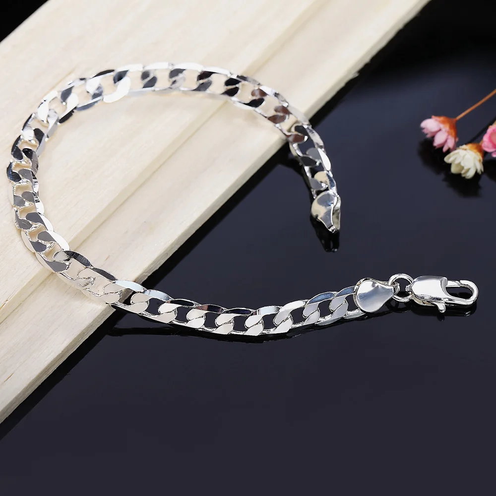 

Wholesale 925 Sterling silver Bracelets 6MM Flat sideways chain for women Wedding party fine Christmas Gifts fashion Jewelry