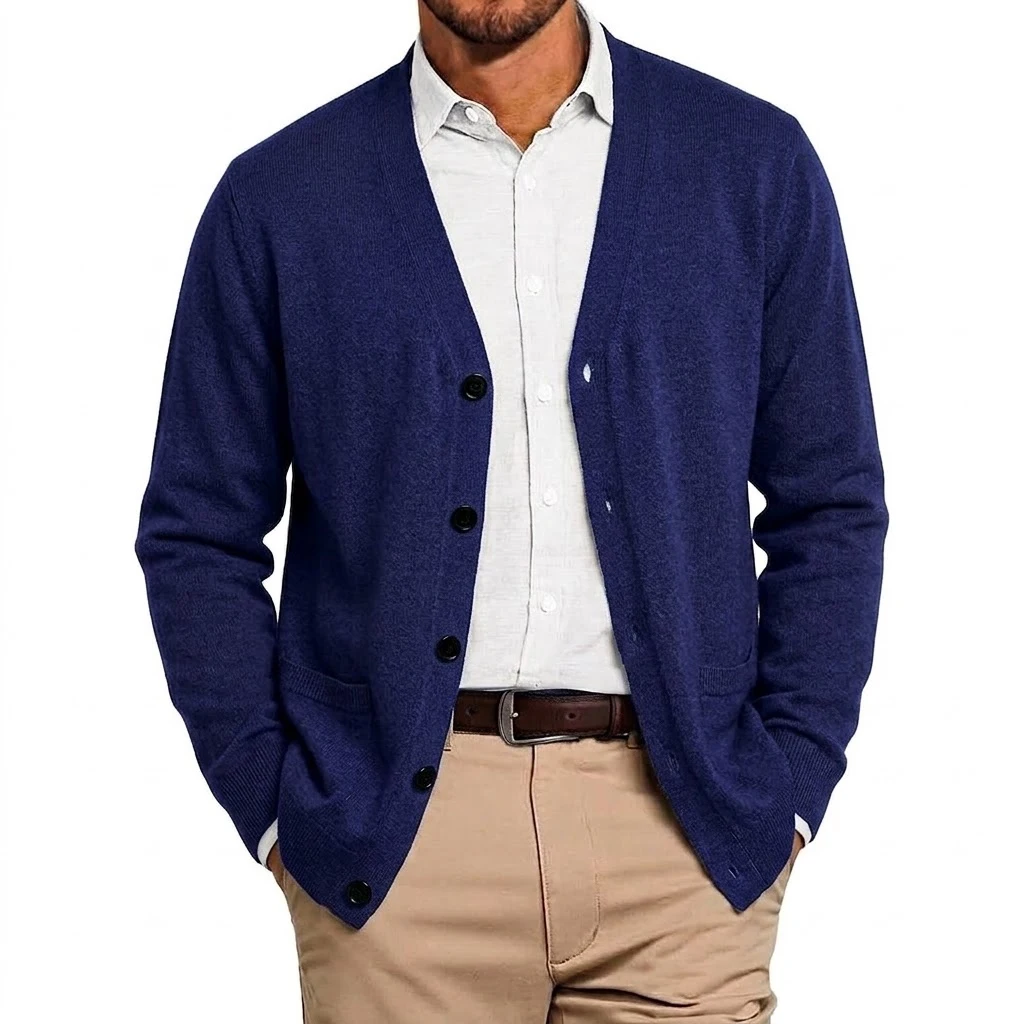 Herbst Herren V-Ausschnitt Strickjacke Pullover mit Knöpfen Langarm Strickpullover mit Taschen Lässiger Mantel Jacke für Männer – Detail 9